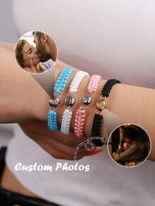 Dainty Personalized Photo Projection Macrame Bracelet - Stainless Steel Component Stackable Aesthetic, Couple/BFF Matching Gift For Valentine's Day/Anniversary/Birthday - Multicolor - View 1