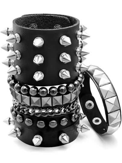 Yanxyad 1Pc Punk Rock Spiked Studded Bracelets Set For Women Men 80s Alt Gothic Grunge Emo Bracelets Accessories Retro Beaded Star Y2K Cuff Bracelet PU Snap Button Wristband For Rocker Outfits