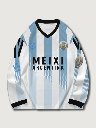 Herr sportkläder Ny bokstavs- och siffrortryck lös passform långärmad t-shirt, VM-landslag och fotbollsklubb, Bekväm lätt och lös passform, Campus- och gatustil, Vår/Sommar/Höst