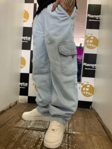 Dazzling Men's Cargo Jeans, Wide Leg, Street Streetwear, Mandrake Original, Loose Fit, Button Pocket - 淺藍色 - 查看 3