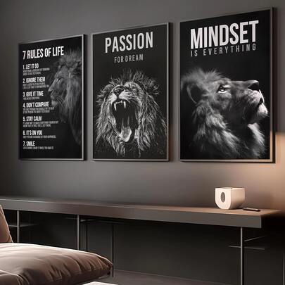 3Pcs/Set Unframed Modern Inspirational Lion Canvas Poster, 7 Rules Of Life And Mindset Quotes Wall Art, Motivational Wall Art For Home Office, Living Room, Bedroom, Home Decor, Personal Growth Spaces, Waterproof Painting Artwork, Wall Painting For Gift