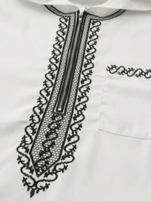 穆斯林男士长袖刺绣连帽拉链长袍，宽松休闲伊斯兰男士长袍，柔软面料，四季皆宜 - 白色 - 查看 6