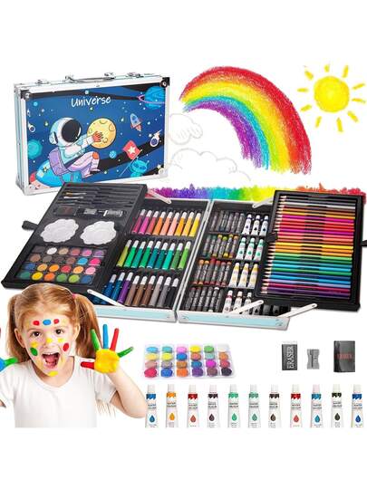 Set de Arte Profesional Plegable de Aluminio, 145 Piezas Kit de Dibujo en Color, Lapices de Colores Profesionale Ideal Regalo para Niños (Astronautas)