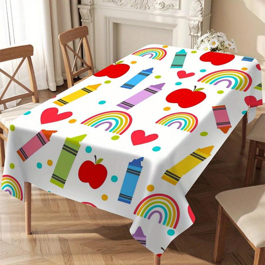 Mantel de poliéster con diseño de autobús escolar colorido y arcoíris - Diseño rectangular tejido grueso, adecuado para el hogar, restaurante, cafetería, comidas al aire fiestas, mantel de fiesta | Diseño divertido | Mantel duradero - Multicolor - Ver 1