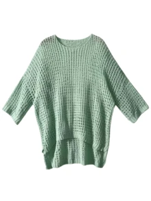 Áo len chui đầu dáng rộng casual màu trơn size lớn, áo dệt kim nữ size lớn thiết kế rỗng thời trang thanh lịch, mặc đi chơi, nghỉ dưỡng mùa hè - Xanh nhạt - Xem 6