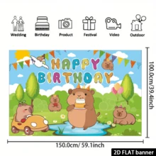 2D平面单件装水鼠卡通生日派对背景幕布，生日快乐横幅，水鼠主题派对装饰，通用节日生日派对用品，生日庆祝活动，无需用电 - 淺藍色 - 查看 6