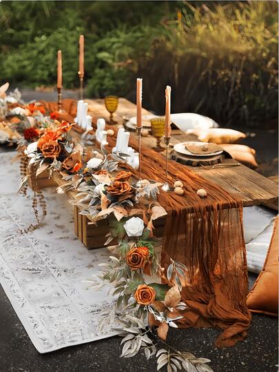 1pc Cream Cheese Tablecloth, Bohemian Sheer Cheese Cloth Rustic Transparent Tablecloth, Suitable For Wedding, Bridal Shower, Christening, Birthday Or Holiday Party Cake Table Decor, Romantic Party Table Skirt For Home Decor, Tabletop Decor, Girlfriend Gift, Valentine's Day Gift, Back To School, Winter Gift, Thanksgiving, Casual Party Supplies, White Candles, Minimalist, Stylish, Elegant, Wedding And Tabletop Candle Romantic Atmosphere, Birthday Party