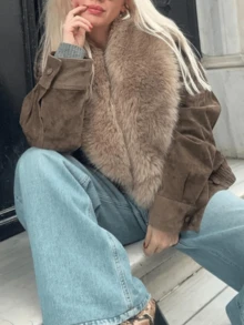 2025 Autumn/Winter Elegant Faux Suede Faux Fur Collar Women's Coat, Fashionable Double-Breasted Casual Warm Coat, Stylish Dark Green Christmas Party Coat - Brown - View 2