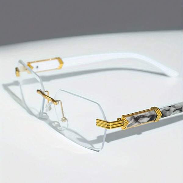 Lunettes modernes sans monture, verres transparents, détails dorés et branches à motif marbre - Lunettes unisexes à la mode pour un usage quotidien