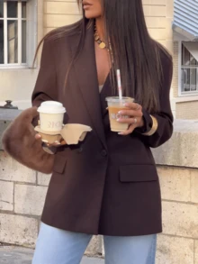 2026春夏棕色OL西装外套 时尚优雅 婚礼毕业派对 女士上衣 休闲薄款纯色商务双扣西装外套 乡村度假女士西装外套 - 棕色 - 查看 2