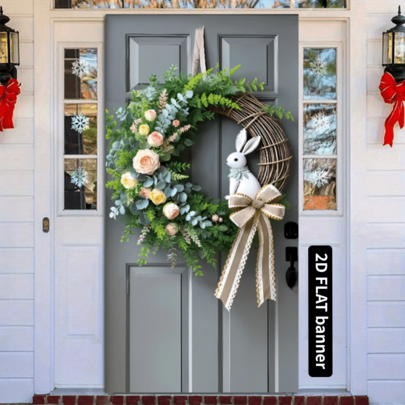 2D Door Banner, Easter Rabbit Spring Wreath Door Banner - Floral Design, Featuring A Plush White Rabbit And A Golden Bow, Polyester, Easy To Hang, Comes With A Gift Box, Perfect For Seasonal Home Entrance Decoration