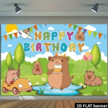 2D平面单件装水鼠卡通生日派对背景幕布，生日快乐横幅，水鼠主题派对装饰，通用节日生日派对用品，生日庆祝活动，无需用电 - 淺藍色 - 查看 12