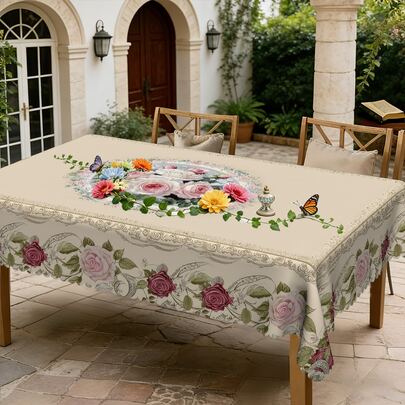 1pc/36pcs European Floral Style Wrinkle-Resistant Tablecloth, Embossed Edge Craft, Rectangular/Round Tablecloth, Multiple Sizes Available, Polyester Fiber Tablecloth, Indoor Dining/Outdoor Party Use