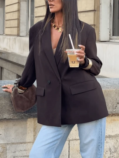 Blazer marrón de oficina para primavera/verano 2026, de moda y elegante, blusa de mujer para fiestas de Navidad y Año Nuevo, blazer informal de unicolor delgado y cruzado para negocios