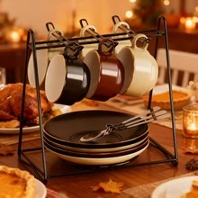 1pc Black Metal Coffee/Tea Cup Holder With Saucer, Coffee Cup Spoon And Tea Tray Storage Box - Multicolor - View 3