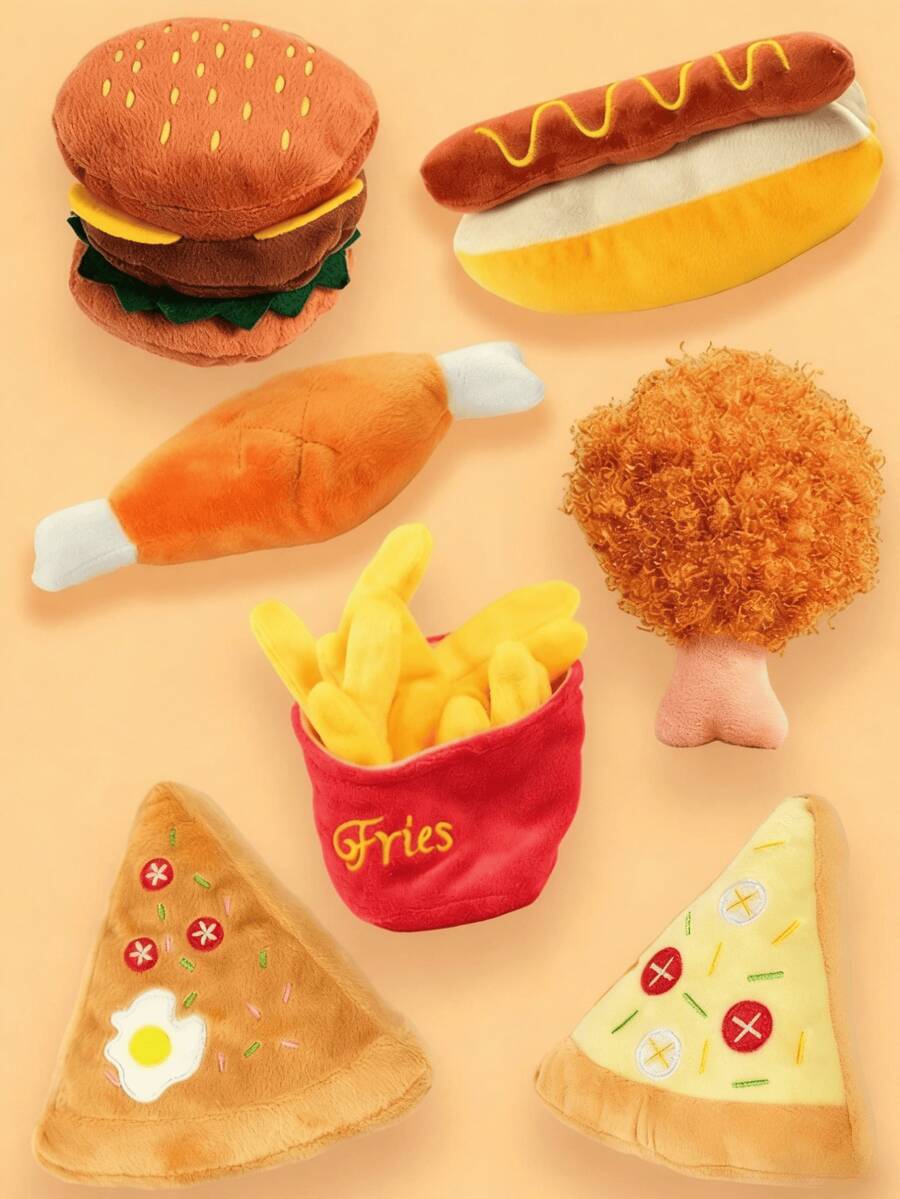 1/3 件装狗狗玩具，毛绒发声玩具，吱吱作响的狗狗玩具，耐啃咬的毛绒发声玩具，耐用的毛绒猫狗玩具，汉堡、炸鸡腿、薯条、披萨等食物造型系列宠物玩具，让猫狗快乐玩耍，宠物狗玩耍和释放压力 - 彩色 - 查看 1