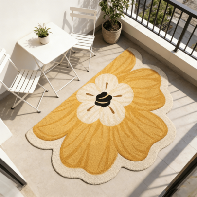 1 pieza Alfombra decorativa semicircular con pétalos amarillos, diseño lindo e interesante, alfombra decorativa con patrón de plantas, adecuada para la sala de estar, el dormitorio o la decoración de la entrada, adecuada para la organización de fiestas, mejora el estilo del hogar, ideal para agregar encanto festivo, aplicable al dormitorio, la sala de estar, el comedor, el baño y el vestíbulo