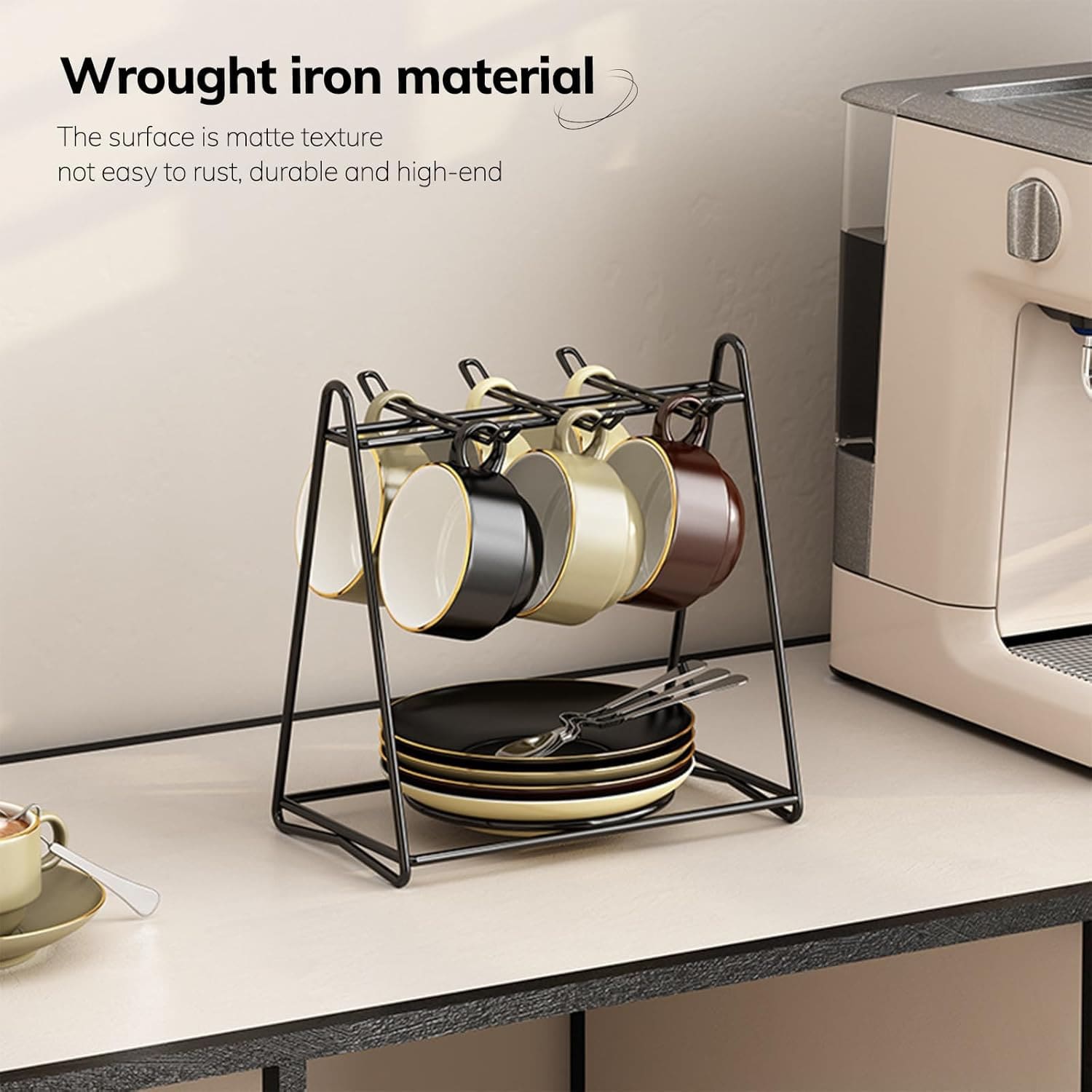 1pc Black Metal Coffee/Tea Cup Holder With Saucer, Coffee Cup Spoon And Tea Tray Storage Box - Multicolor - View 1