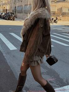 2025 Autumn/Winter Elegant Faux Suede Faux Fur Collar Women's Coat, Fashionable Double-Breasted Casual Warm Coat, Stylish Dark Green Christmas Party Coat - Brown - View 6