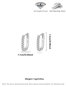 1 Pair 925 Sterling Silver Crystal Zirconia Edged Fashionable Zirconia Hoop Earrings 1.5cm, Women's Wedding/Birthday Gift, Daily Wear, Comes With Elegant Gift Box