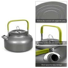 1个便携式露营水壶，采用氧化涂层铝合金材质，耐热橡胶手柄，易倾倒短嘴，适合户外使用