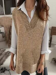 Solid Cable Knit Knitted Vest, Casual Sleeveless Crew Neck Split Hem Top, Women's Clothing - Khaki - View 2