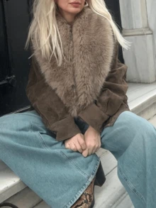 2025 Autumn/Winter Elegant Faux Suede Faux Fur Collar Women's Coat, Fashionable Double-Breasted Casual Warm Coat, Stylish Dark Green Christmas Party Coat - Brown - View 4