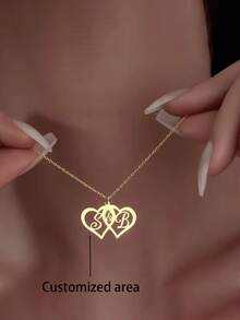1pc Personalized Gold Heart And Initial Necklace - Intertwined Stainless Steel Love Pendant For Couples Or Best Friends - Customizable Jewelry Gift, Love Pendant Necklace - Multicolor - View 1