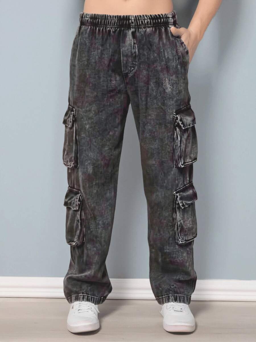 Men's Cargo Pants With 8 Pockets, Elastic Waistband, Drawstring, Oversized, Streetwear, Skater Style, , All Pockets, Drawstring - 深灰色 - 查看 1