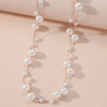 1 chiếc vòng cổ dài giả ngọc trai thời trang nữ, có thể đeo nhiều lớp, kiểu dáng thanh lịch Pháp, thích hợp để đeo cùng áo khoác, dự tiệc hoặc mặc hàng ngày. - Vòng cổ ngọc trai dài - Xem 2