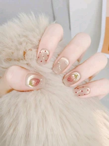 10片装夏季粉色手绘猫眼法式草莓波点亚克力按压式美甲贴纸，可爱甜美长方形假指甲，DIY美甲用品，情人节、上学和旅行必备 - 粉色 - 查看 13