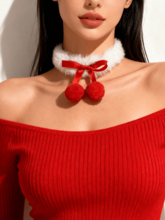 1pc Elegant Faux Fur Bow Tie Neck Warmer With Pom Pom, Women, Valentine's Day