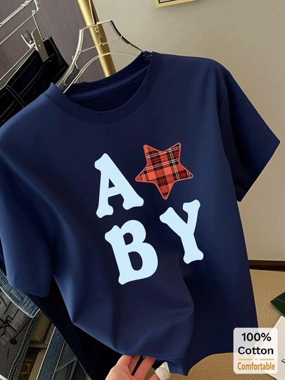 棉质字母印花短袖中长款T恤，时尚休闲女式上衣