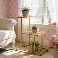 Soporte para macetas de 6 capas, estante de almacenamiento para plantas, ideal para decoración del hogar y el jardín, organizador creativo con un diseño muy bonito para interiores y exteriores. - Tres capas de oro - Ver 2