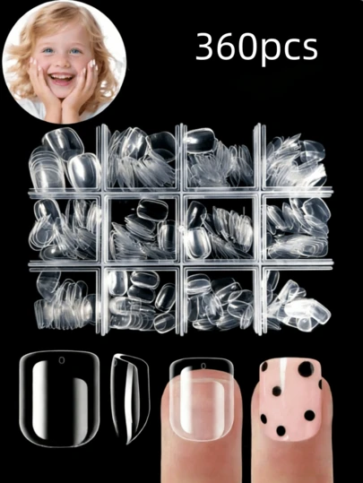 360pcs Kids Transparent Nail Stickers, Short Square Clear Nail Tips, Girls Full Cover Nail Art Decorations, Includes 12 Sizes Suitable For 9-12 Years Old Girls, Soft Acrylic Gel Nail Strips, DIY Nail Art Easy Kit