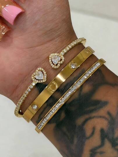 1/3pcs Stainless Steel 18K Gold Plated Heart Rhinestone Bangle Bracelet Set, 14K Gold Copper Zirconia Open Cuff Bracelet, Fashionable Women Jewelry Gift Set For Daily Wear, Holidays