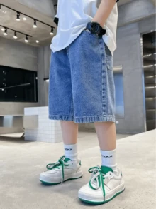 男童牛仔短裤，夏季薄款休闲百慕大短裤 - 淺色水洗藍 - 查看 5