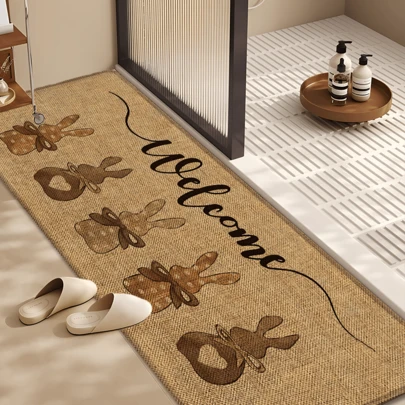 1 szt. lniany dywanik kuchenny z nadrukiem w króliki, wycieraczka, mata łazienkowa, odpowiedni do salonu, sypialni, przedpokoju, łazienki, pralni – dywan poliestrowy do dekoracji wnętrz i na zewnątrz, prezent wielkanocny i dekoracja