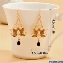 一对复古镂空莲花形水钻吊坠耳环，适合女性日常佩戴和送礼，四季皆宜 - 金黃色 - 查看 3