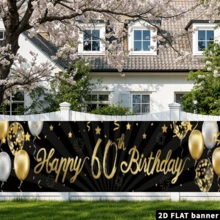 2D Flat 1pc 60th Happy Birthday Banner Sign Gold Glitter 60 Years Birthday Party Decorations Supplies Anniversary Celebration Background, Multipurpose Decor, Holiday Gift, Polyester Material, No Power Required - Black - View 4