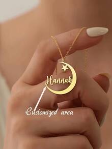 Personalized Crescent Moon And Star Necklace - Customizable Gold Pendant With Name/Initials/Date Engraving; An Elegant Birthday, Anniversary, Or Valentine's Day Gift For Women - Arabic, Ramadan-Style Lettering And Delicate Chain Jewelry. - Multicolor - View 1