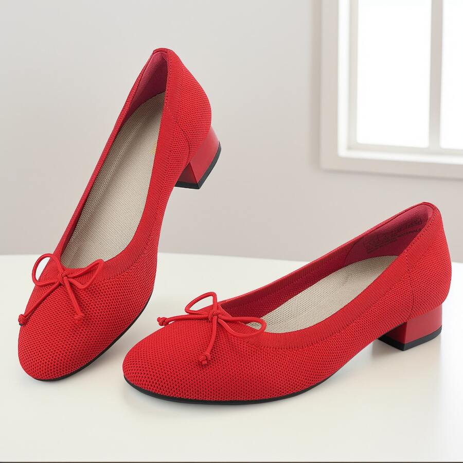 JENN ARDOR Women's Slip On Knit Mesh Flats Shoes Casual Chunky Pumps For Women Dress Ballet Heels Round Toe - Đỏ - Xem 1