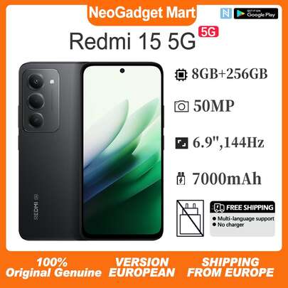 Xiaomi Redmi 15 5G, Smartphone, 8GB+256GB, Schermo DotDisplay FHD+ da 6,9", Refresh Rate a 144Hz, Snapdragon® 6s Gen 3, Fotocamera da 50MP, Ricarica Rapida a 33W, Batteria da 7000 mAh, NFC, Dual SIM, Midnight Black, Versione Europea