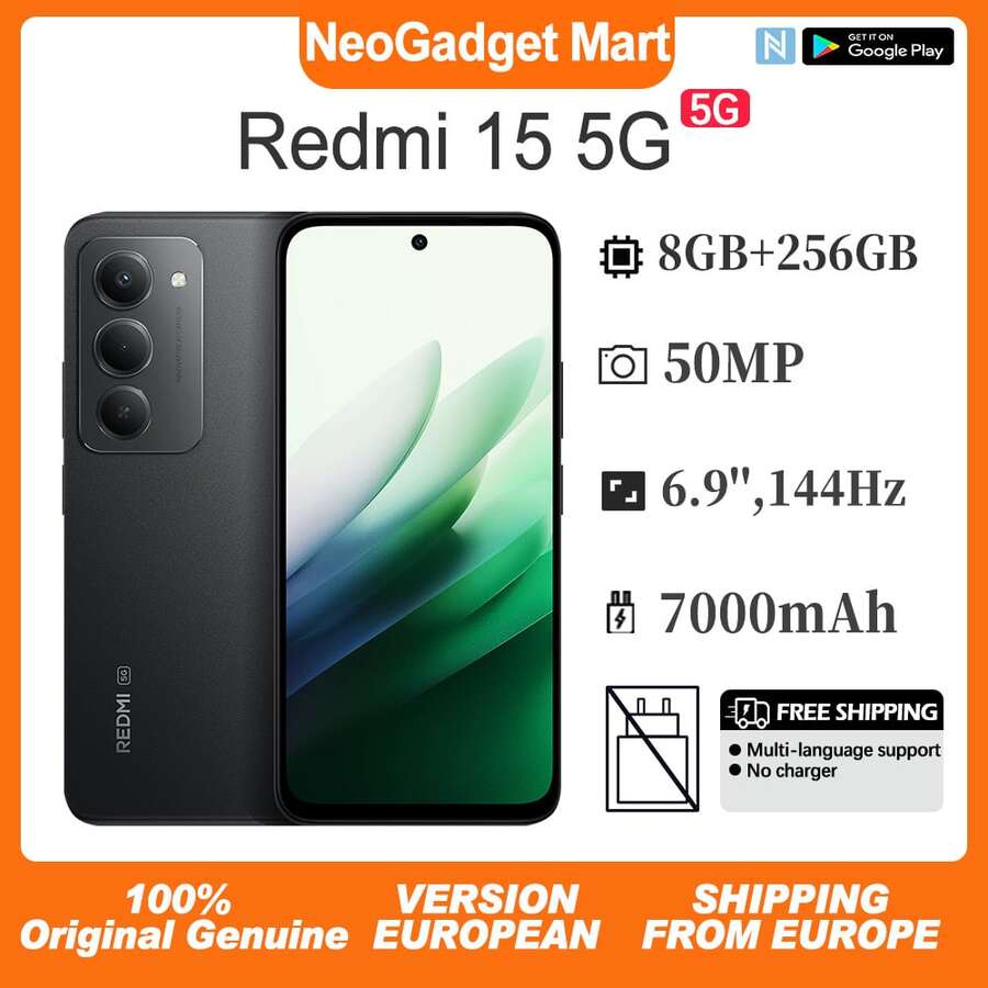 Xiaomi 红米15 5G，智能手机，8GB+256GB，6.9英寸FHD+点阵屏，144Hz刷新率，骁龙6s Gen 3处理器，5000万像素摄像头，33W快充，7000mAh电池，NFC，双卡双待，午夜黑，欧洲版手机 - 黑色 - 查看 1