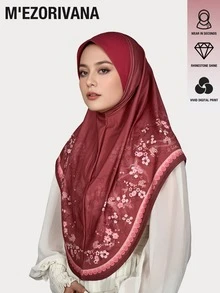 1pc Floral Print Bohemian Polyester Chiffon Hijab With Rhinestone Embellished Brim, All Season - One-piece Diamond-encrusted Hat With Brim - View 13