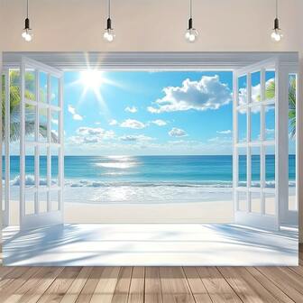 Tropical Beach Sunset Wall Mural With White Windows And Doors - Polyester 2D Flat Horizontal Banner For Home, Party, Event Decor, Photography Studio Props, Beach Theme Decoration, Wall Mural Windows, Large Fabric Poster, Photo Wallpaper