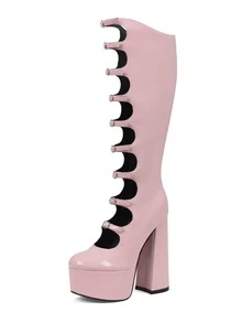 Goth Y2K Platform Knee High Boots For Woman Sexy Hollow Out Buckle Chunky Heels Side Zipper Women's Boots Lolita Dancing Party Shoes - 粉色 - 查看 4