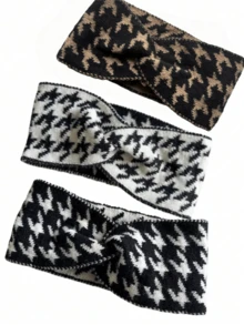 3pcs Women's Black & White Houndstooth Wool Headband, Fashion New Style Cross Wide Knitted Elastic Headband For Autumn/Winter Women Hair Accessories Elegant Hair Band - Multicolor - View 7
