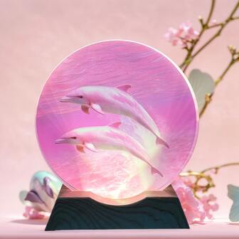 The Dolphin Night Light Features Crystal Glass Discs And A Wood-Grain Base. This USB-Powered Night Light Is A Unique Gift For Children's Bedrooms, Nurseries, Offices, And Dolphin Enthusiasts 