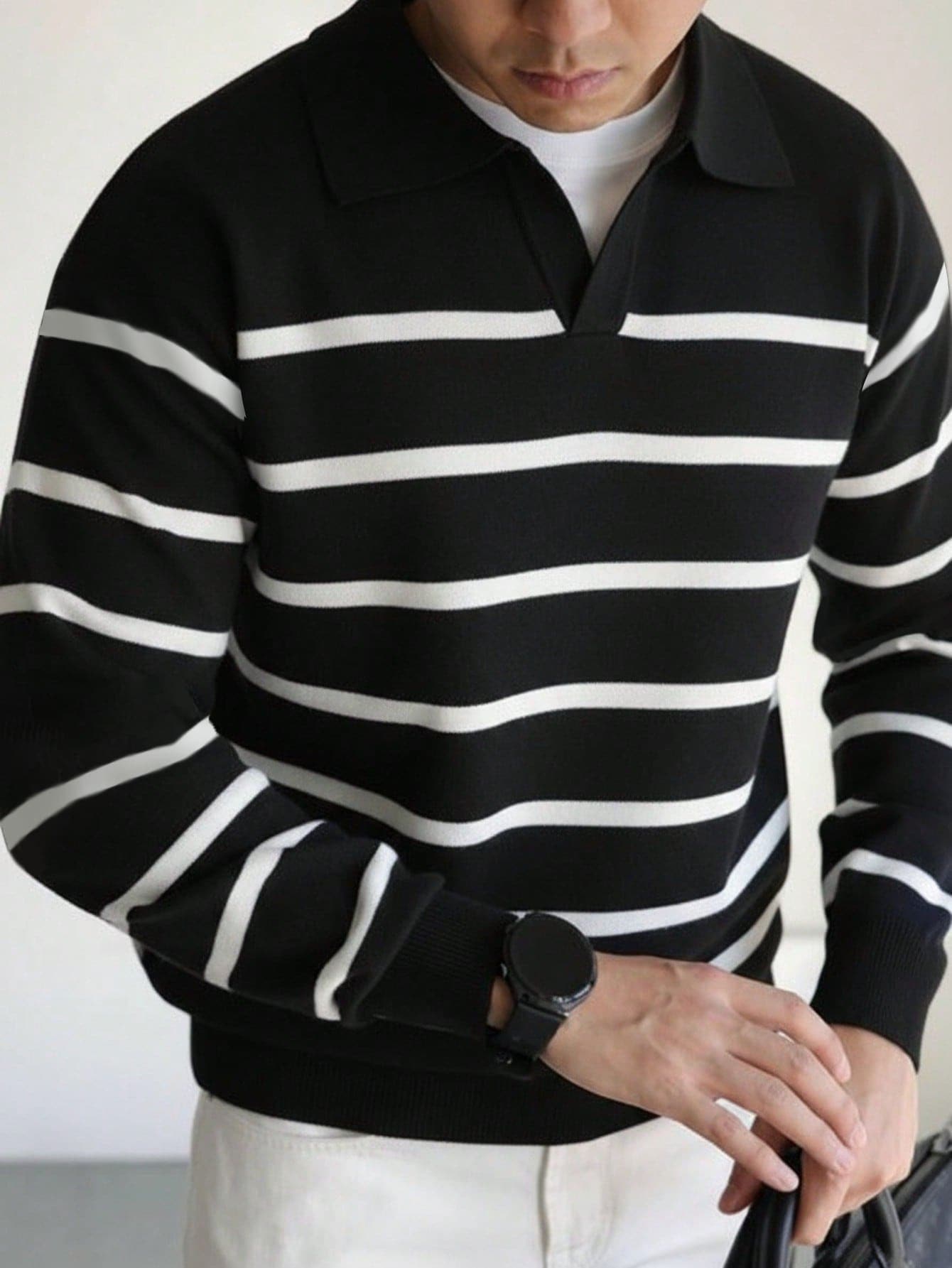 Men Long Sleeve Striped Airplane Collar Knit Sweater , Fall Winter, Grunge Style